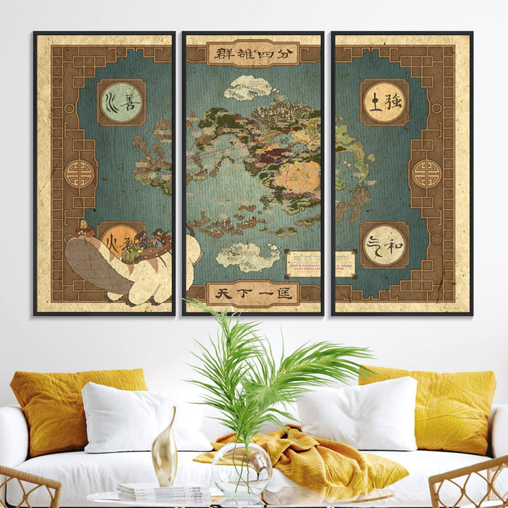 57832-MGV-FC-48X32-3P_Black-Avatar Wall Art: The Last Airbender Vintage Map - Wall Art Canvas Print, Framed, Ready to Hang - Iconic Four Nations Design