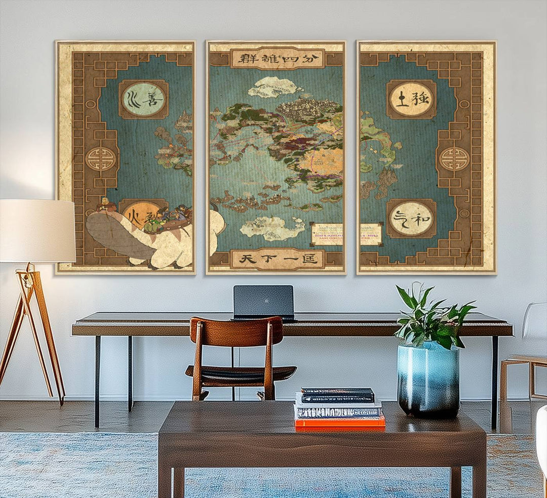 57832-MGV-FC-48X32-3P_Natural-Avatar Wall Art: The Last Airbender Vintage Map - Wall Art Canvas Print, Framed, Ready to Hang - Iconic Four Nations Design