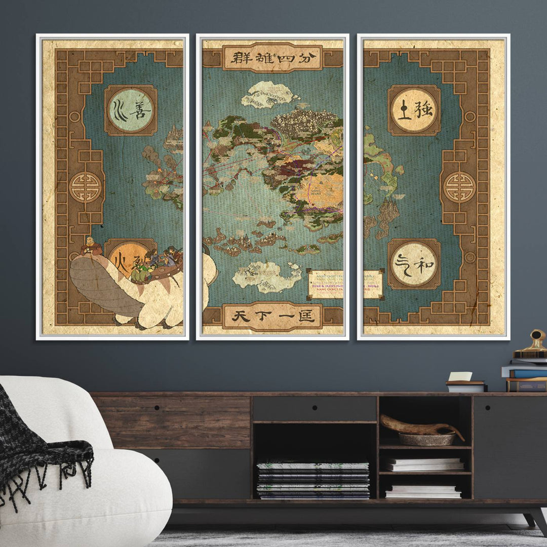 57832-MGV-FC-48X32-3P_White-Avatar Wall Art: The Last Airbender Vintage Map - Wall Art Canvas Print, Framed, Ready to Hang - Iconic Four Nations Design