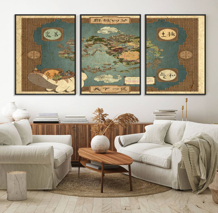 57832-MGV-FC-60X30-3P_Black-Avatar Wall Art: The Last Airbender Vintage Map - Wall Art Canvas Print, Framed, Ready to Hang - Iconic Four Nations Design