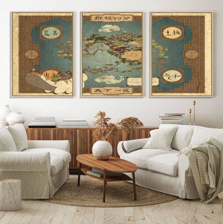57832-MGV-FC-60X30-3P_Natural-Avatar Wall Art: The Last Airbender Vintage Map - Wall Art Canvas Print, Framed, Ready to Hang - Iconic Four Nations Design