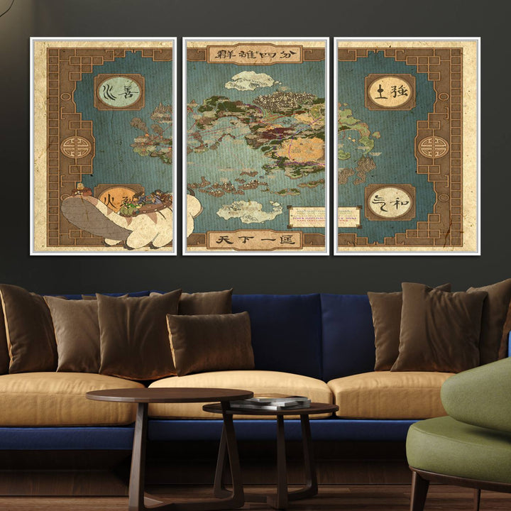 57832-MGV-FC-60X30-3P_White-Avatar Wall Art: The Last Airbender Vintage Map - Wall Art Canvas Print, Framed, Ready to Hang - Iconic Four Nations Design