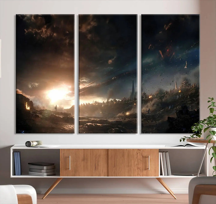 Introducing the Avengers Planet Wall Art Canvas Print, a museum-quality triptych showcasing a dramatic sunset over a landscape with dark clouds and scattered lights. Featuring high-resolution printing, it’s ready to hang and elevate any space.