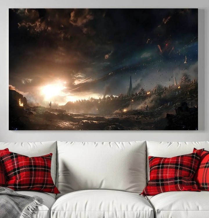 Introducing the Avengers Planet Wall Art Canvas Print, a museum-quality triptych showcasing a dramatic sunset over a landscape with dark clouds and scattered lights. Featuring high-resolution printing, it’s ready to hang and elevate any space.