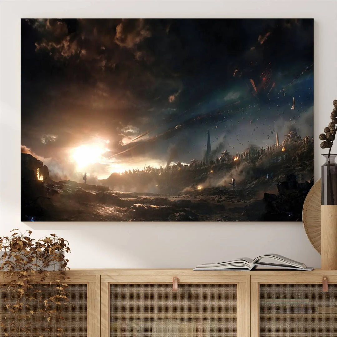 Introducing the Avengers Planet Wall Art Canvas Print, a museum-quality triptych showcasing a dramatic sunset over a landscape with dark clouds and scattered lights. Featuring high-resolution printing, it’s ready to hang and elevate any space.