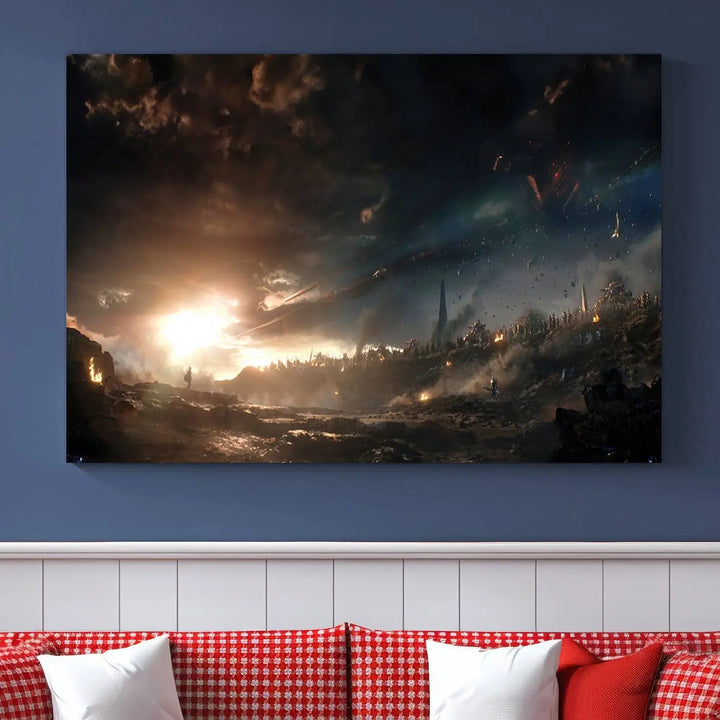 Introducing the Avengers Planet Wall Art Canvas Print, a museum-quality triptych showcasing a dramatic sunset over a landscape with dark clouds and scattered lights. Featuring high-resolution printing, it’s ready to hang and elevate any space.