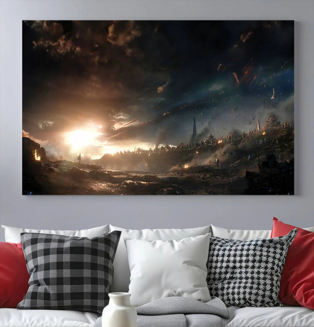 Introducing the Avengers Planet Wall Art Canvas Print, a museum-quality triptych showcasing a dramatic sunset over a landscape with dark clouds and scattered lights. Featuring high-resolution printing, it’s ready to hang and elevate any space.