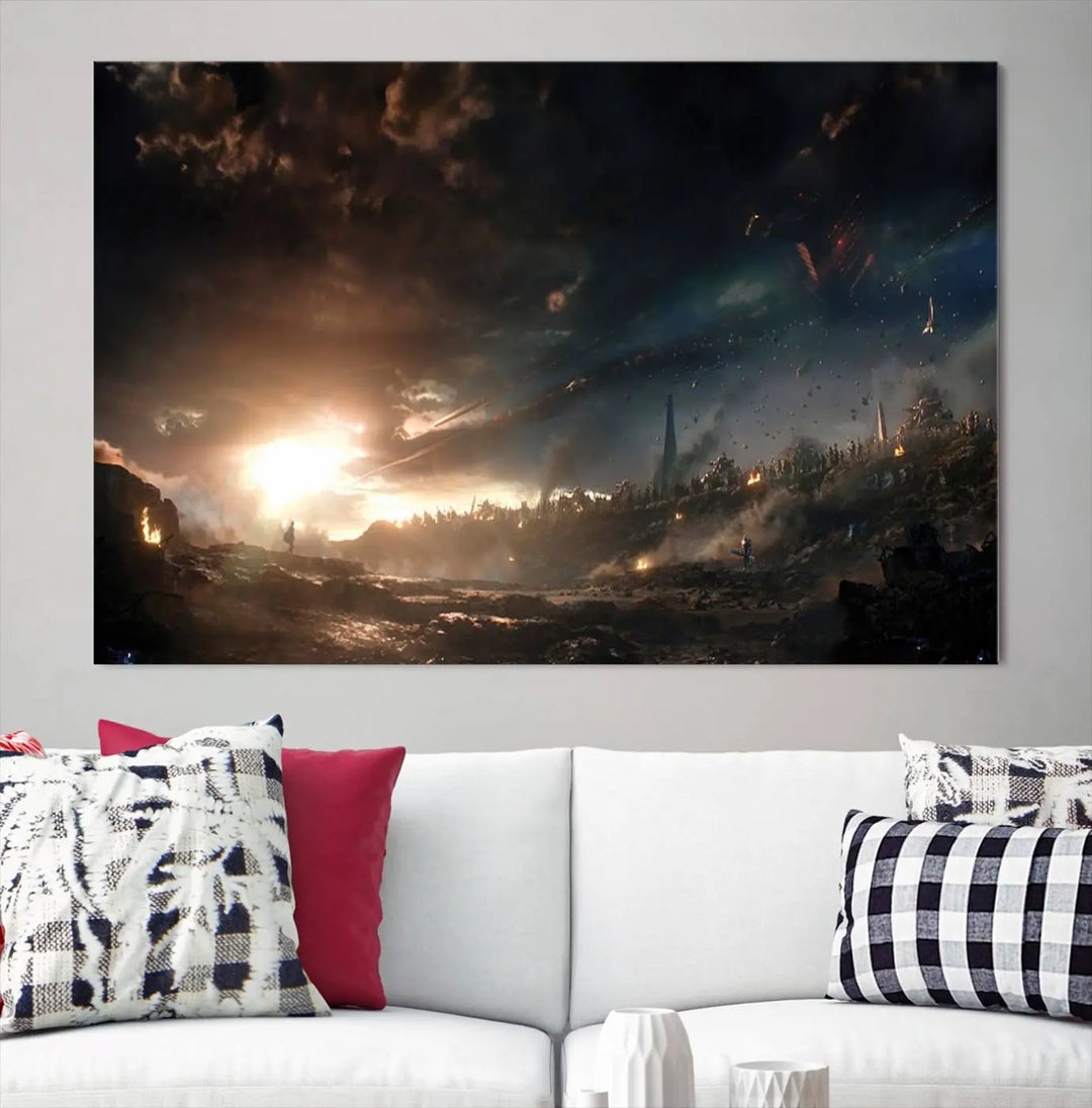 Introducing the Avengers Planet Wall Art Canvas Print, a museum-quality triptych showcasing a dramatic sunset over a landscape with dark clouds and scattered lights. Featuring high-resolution printing, it’s ready to hang and elevate any space.