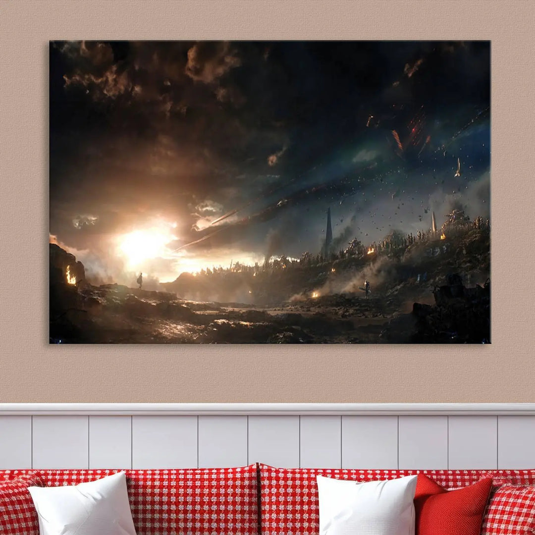 Introducing the Avengers Planet Wall Art Canvas Print, a museum-quality triptych showcasing a dramatic sunset over a landscape with dark clouds and scattered lights. Featuring high-resolution printing, it’s ready to hang and elevate any space.