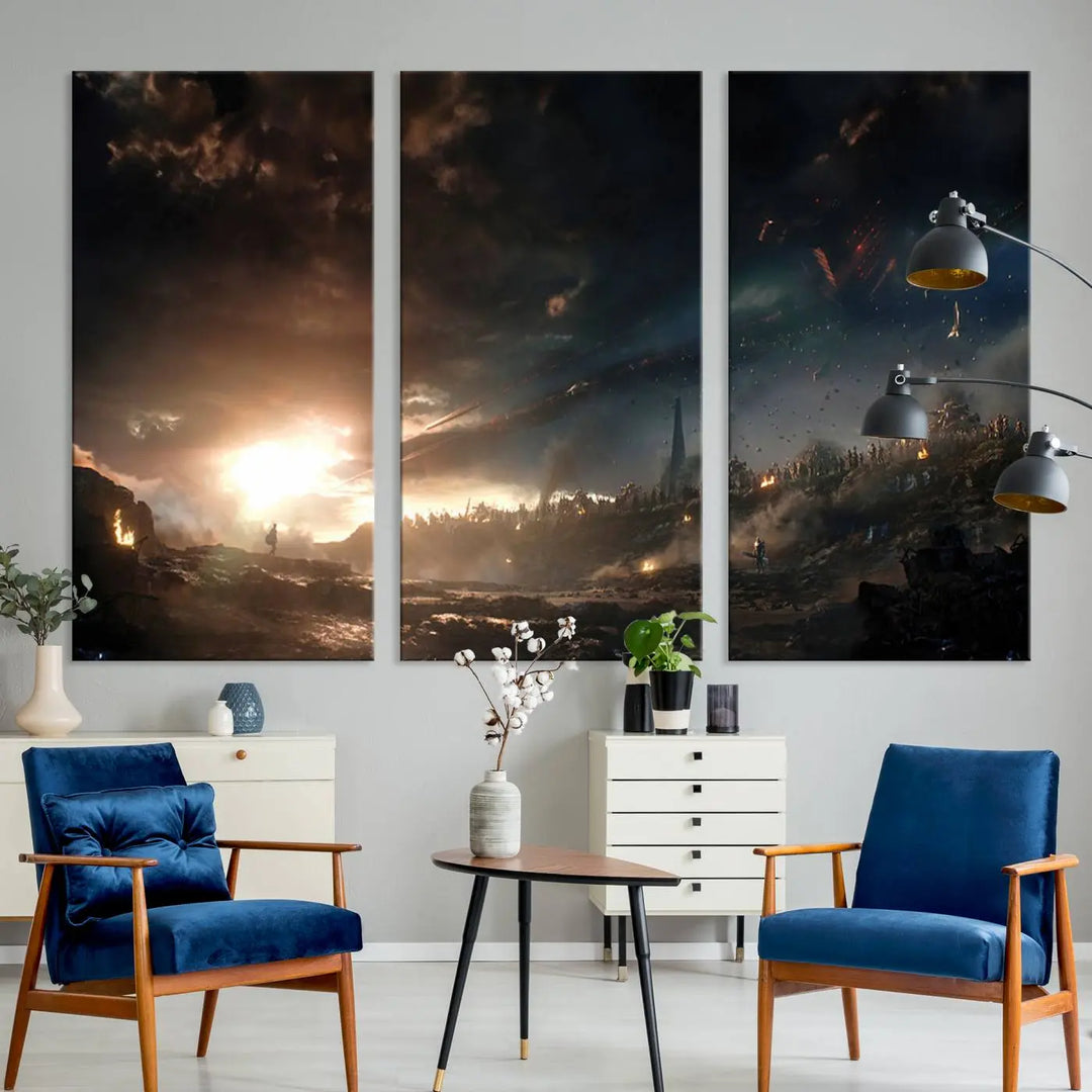 Introducing the Avengers Planet Wall Art Canvas Print, a museum-quality triptych showcasing a dramatic sunset over a landscape with dark clouds and scattered lights. Featuring high-resolution printing, it’s ready to hang and elevate any space.