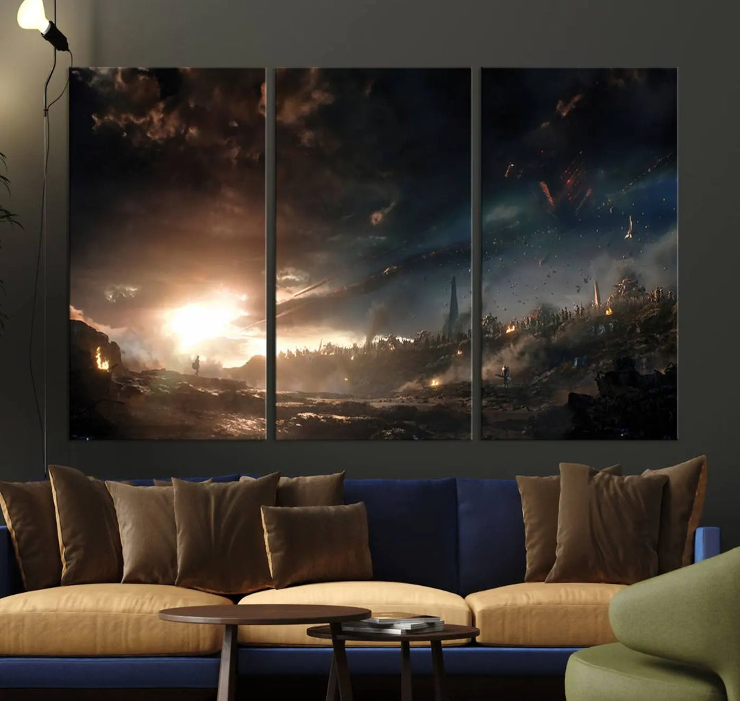 Introducing the Avengers Planet Wall Art Canvas Print, a museum-quality triptych showcasing a dramatic sunset over a landscape with dark clouds and scattered lights. Featuring high-resolution printing, it’s ready to hang and elevate any space.