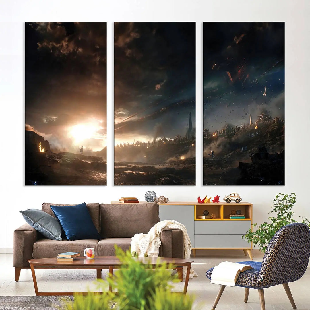 Introducing the Avengers Planet Wall Art Canvas Print, a museum-quality triptych showcasing a dramatic sunset over a landscape with dark clouds and scattered lights. Featuring high-resolution printing, it’s ready to hang and elevate any space.