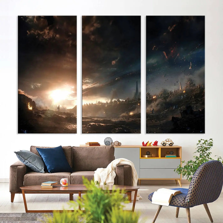 Introducing the Avengers Planet Wall Art Canvas Print, a museum-quality triptych showcasing a dramatic sunset over a landscape with dark clouds and scattered lights. Featuring high-resolution printing, it’s ready to hang and elevate any space.