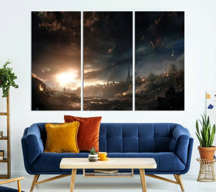 Introducing the Avengers Planet Wall Art Canvas Print, a museum-quality triptych showcasing a dramatic sunset over a landscape with dark clouds and scattered lights. Featuring high-resolution printing, it’s ready to hang and elevate any space.