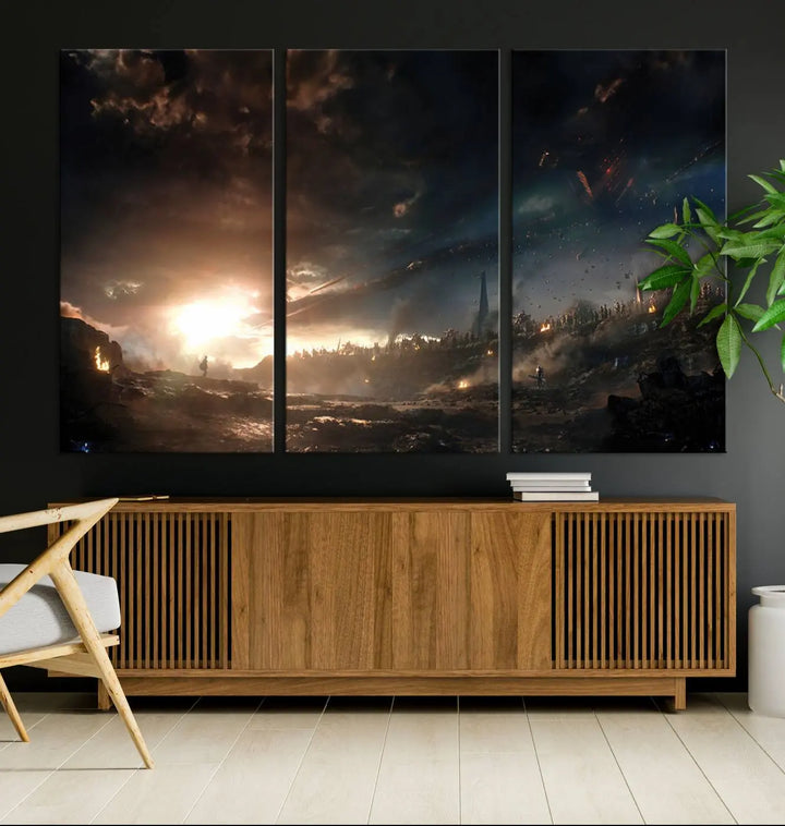 Introducing the Avengers Planet Wall Art Canvas Print, a museum-quality triptych showcasing a dramatic sunset over a landscape with dark clouds and scattered lights. Featuring high-resolution printing, it’s ready to hang and elevate any space.