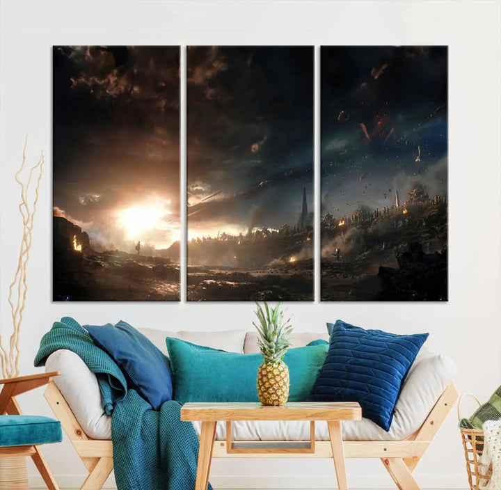 Introducing the Avengers Planet Wall Art Canvas Print, a museum-quality triptych showcasing a dramatic sunset over a landscape with dark clouds and scattered lights. Featuring high-resolution printing, it’s ready to hang and elevate any space.