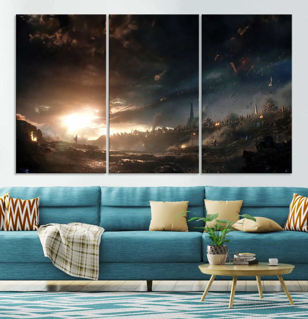 Introducing the Avengers Planet Wall Art Canvas Print, a museum-quality triptych showcasing a dramatic sunset over a landscape with dark clouds and scattered lights. Featuring high-resolution printing, it’s ready to hang and elevate any space.