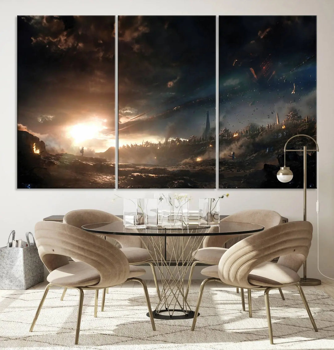 Introducing the Avengers Planet Wall Art Canvas Print, a museum-quality triptych showcasing a dramatic sunset over a landscape with dark clouds and scattered lights. Featuring high-resolution printing, it’s ready to hang and elevate any space.