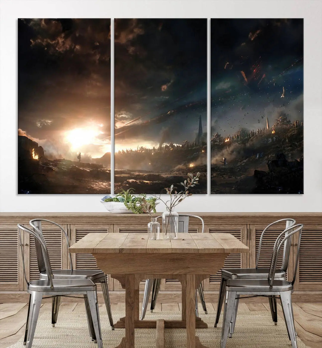 Introducing the Avengers Planet Wall Art Canvas Print, a museum-quality triptych showcasing a dramatic sunset over a landscape with dark clouds and scattered lights. Featuring high-resolution printing, it’s ready to hang and elevate any space.