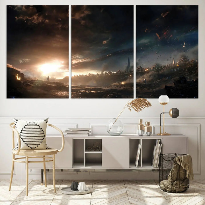 Introducing the Avengers Planet Wall Art Canvas Print, a museum-quality triptych showcasing a dramatic sunset over a landscape with dark clouds and scattered lights. Featuring high-resolution printing, it’s ready to hang and elevate any space.