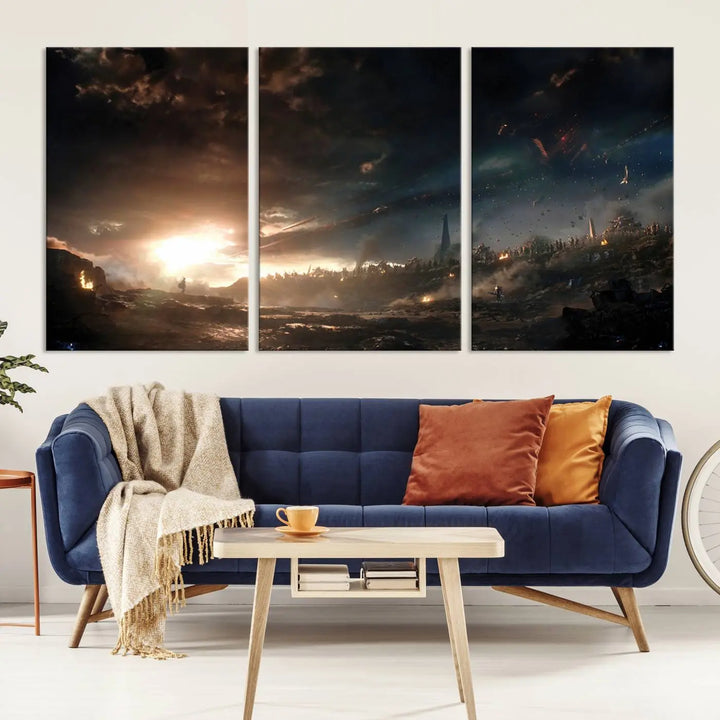 Introducing the Avengers Planet Wall Art Canvas Print, a museum-quality triptych showcasing a dramatic sunset over a landscape with dark clouds and scattered lights. Featuring high-resolution printing, it’s ready to hang and elevate any space.