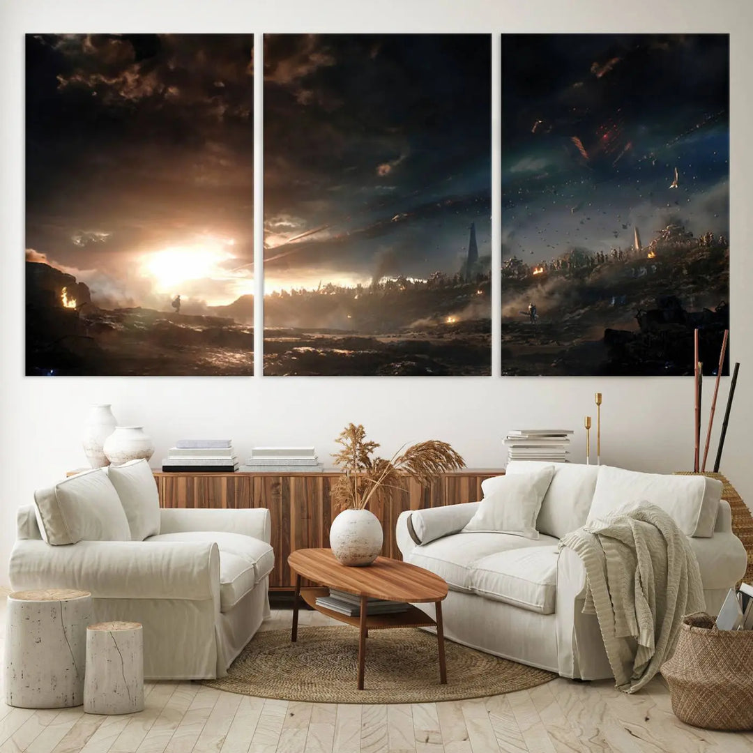 Introducing the Avengers Planet Wall Art Canvas Print, a museum-quality triptych showcasing a dramatic sunset over a landscape with dark clouds and scattered lights. Featuring high-resolution printing, it’s ready to hang and elevate any space.