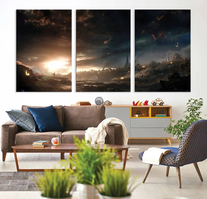 Introducing the Avengers Planet Wall Art Canvas Print, a museum-quality triptych showcasing a dramatic sunset over a landscape with dark clouds and scattered lights. Featuring high-resolution printing, it’s ready to hang and elevate any space.