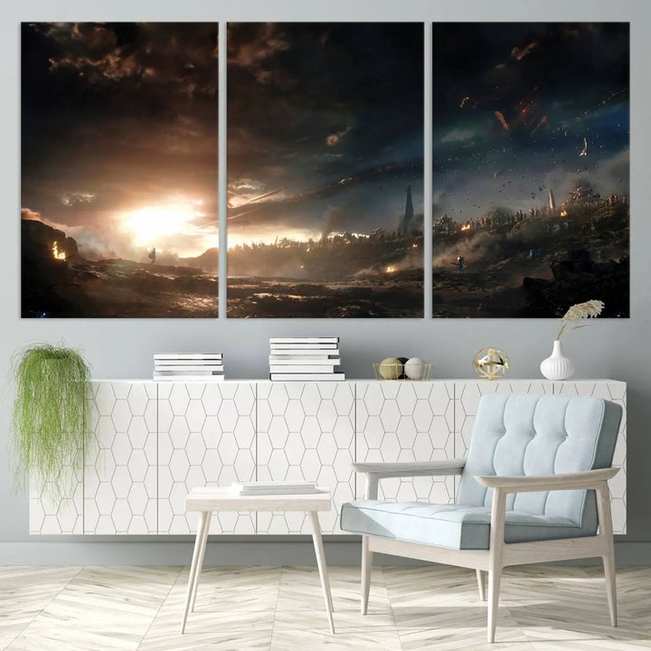 Introducing the Avengers Planet Wall Art Canvas Print, a museum-quality triptych showcasing a dramatic sunset over a landscape with dark clouds and scattered lights. Featuring high-resolution printing, it’s ready to hang and elevate any space.