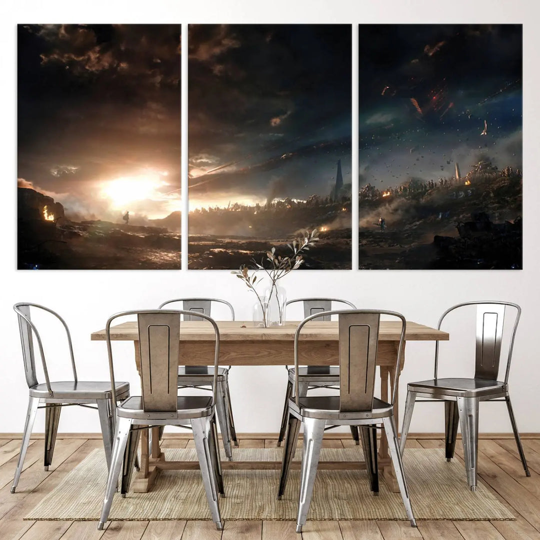 Introducing the Avengers Planet Wall Art Canvas Print, a museum-quality triptych showcasing a dramatic sunset over a landscape with dark clouds and scattered lights. Featuring high-resolution printing, it’s ready to hang and elevate any space.