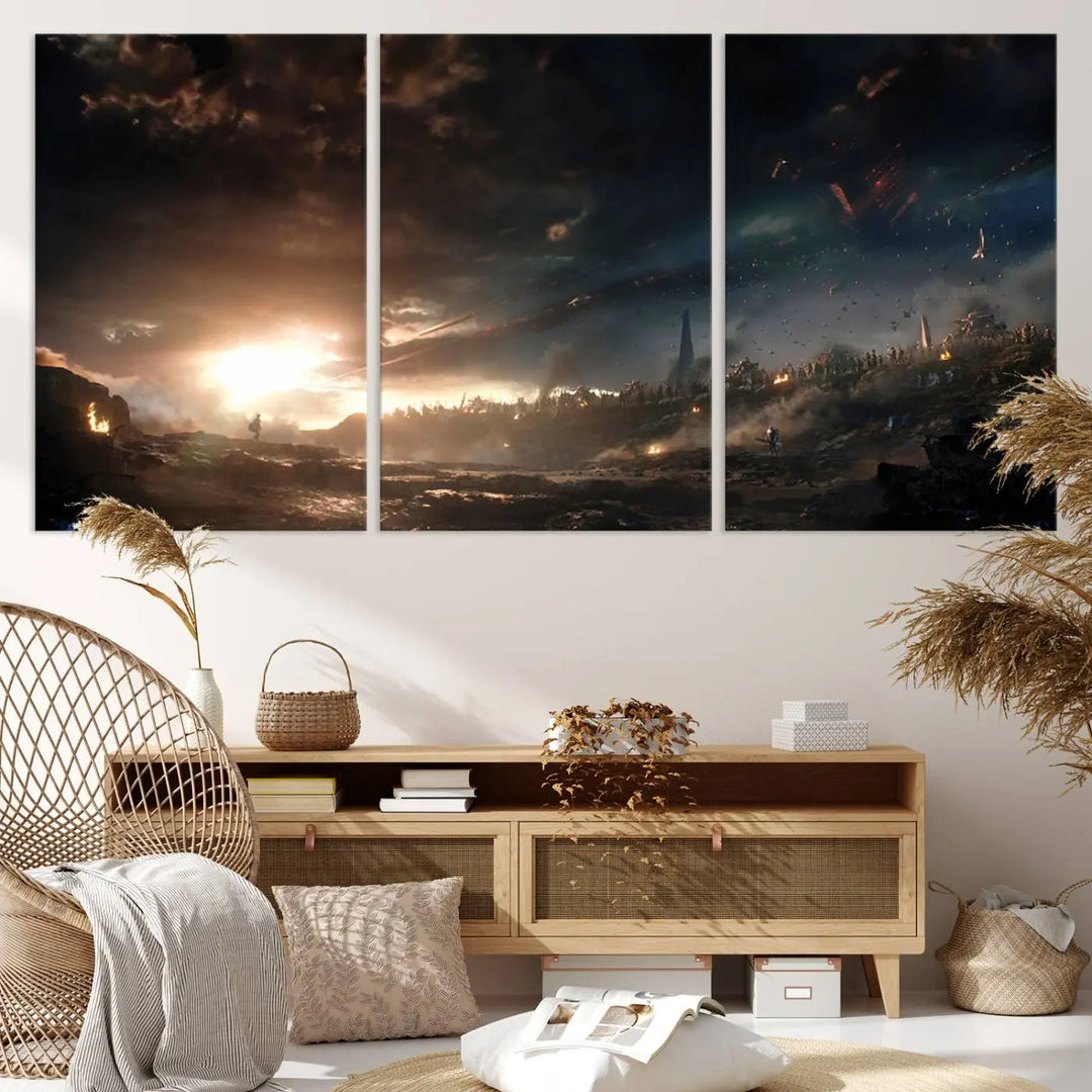 Introducing the Avengers Planet Wall Art Canvas Print, a museum-quality triptych showcasing a dramatic sunset over a landscape with dark clouds and scattered lights. Featuring high-resolution printing, it’s ready to hang and elevate any space.