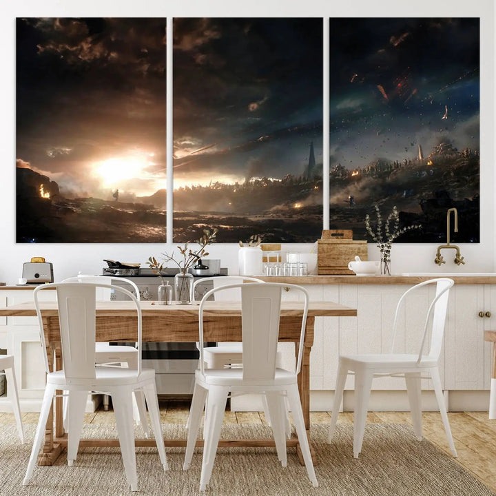 Introducing the Avengers Planet Wall Art Canvas Print, a museum-quality triptych showcasing a dramatic sunset over a landscape with dark clouds and scattered lights. Featuring high-resolution printing, it’s ready to hang and elevate any space.