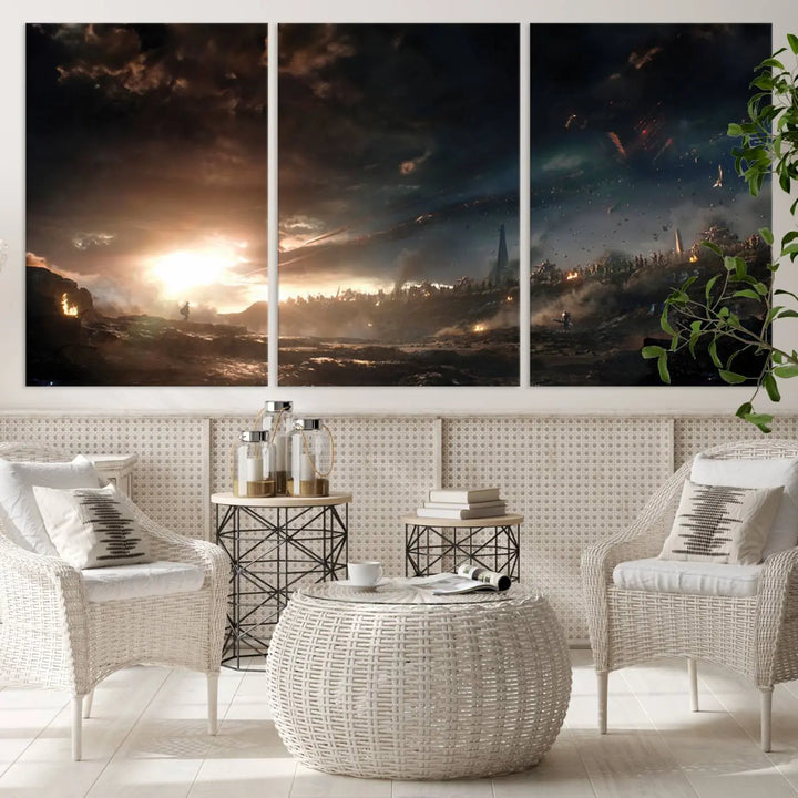 Introducing the Avengers Planet Wall Art Canvas Print, a museum-quality triptych showcasing a dramatic sunset over a landscape with dark clouds and scattered lights. Featuring high-resolution printing, it’s ready to hang and elevate any space.