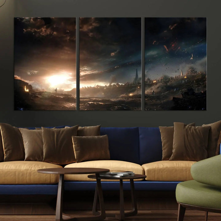 Introducing the Avengers Planet Wall Art Canvas Print, a museum-quality triptych showcasing a dramatic sunset over a landscape with dark clouds and scattered lights. Featuring high-resolution printing, it’s ready to hang and elevate any space.