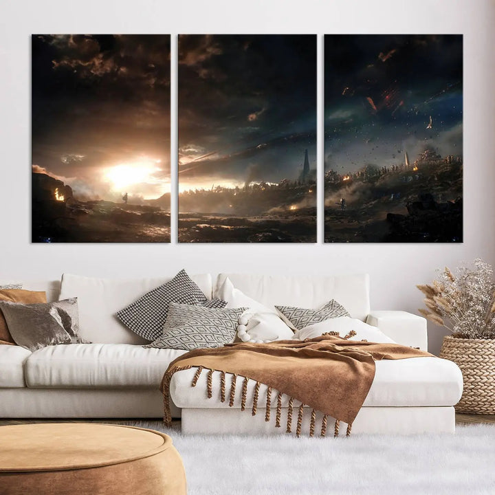 Introducing the Avengers Planet Wall Art Canvas Print, a museum-quality triptych showcasing a dramatic sunset over a landscape with dark clouds and scattered lights. Featuring high-resolution printing, it’s ready to hang and elevate any space.