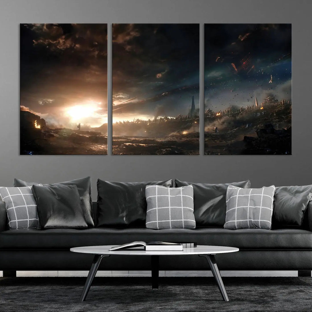 Introducing the Avengers Planet Wall Art Canvas Print, a museum-quality triptych showcasing a dramatic sunset over a landscape with dark clouds and scattered lights. Featuring high-resolution printing, it’s ready to hang and elevate any space.