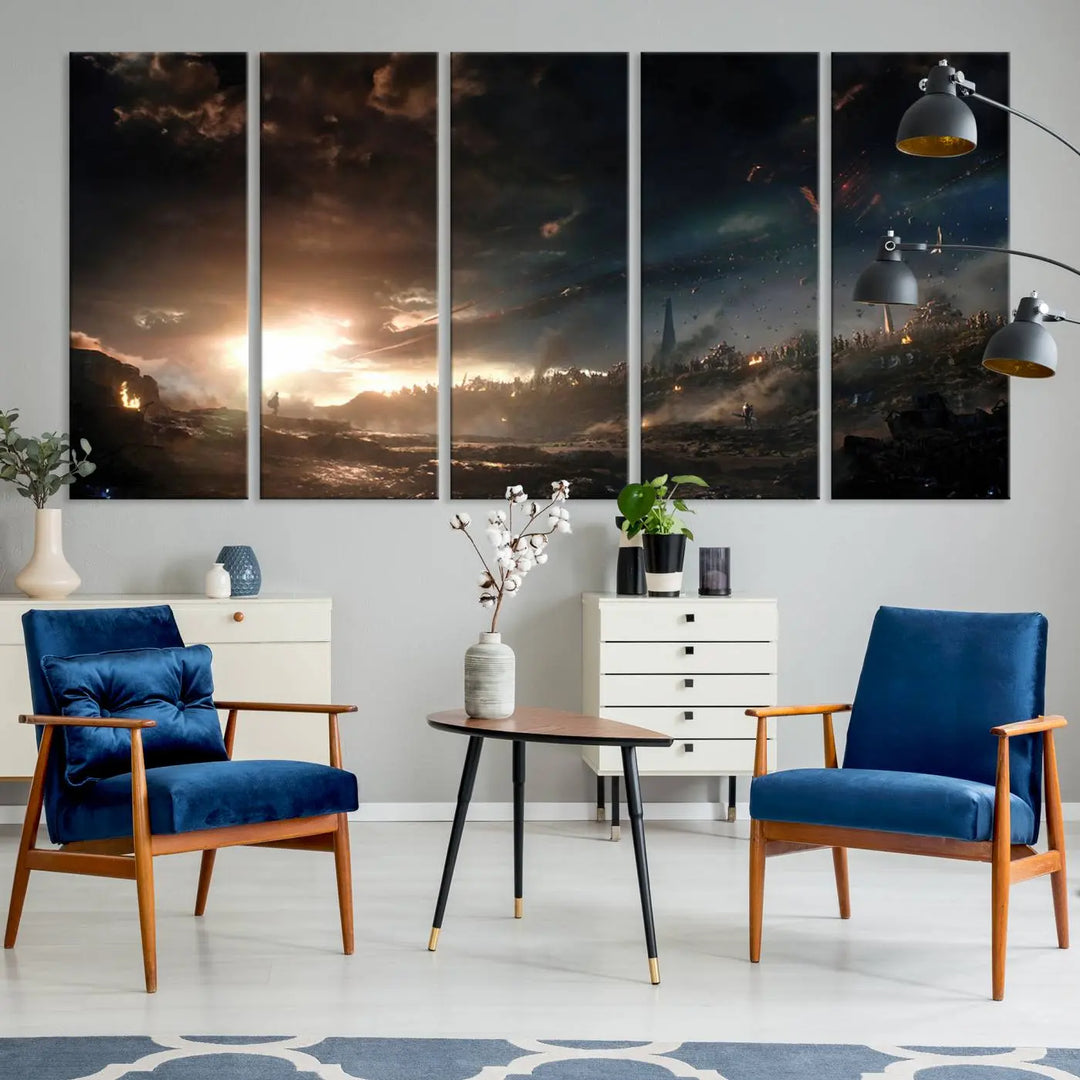 Introducing the Avengers Planet Wall Art Canvas Print, a museum-quality triptych showcasing a dramatic sunset over a landscape with dark clouds and scattered lights. Featuring high-resolution printing, it’s ready to hang and elevate any space.