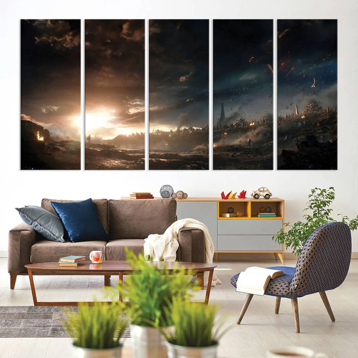 Introducing the Avengers Planet Wall Art Canvas Print, a museum-quality triptych showcasing a dramatic sunset over a landscape with dark clouds and scattered lights. Featuring high-resolution printing, it’s ready to hang and elevate any space.