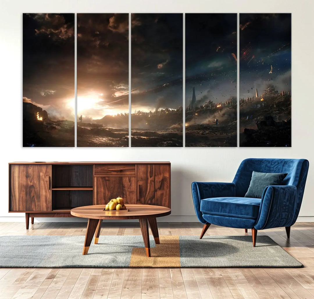 Introducing the Avengers Planet Wall Art Canvas Print, a museum-quality triptych showcasing a dramatic sunset over a landscape with dark clouds and scattered lights. Featuring high-resolution printing, it’s ready to hang and elevate any space.