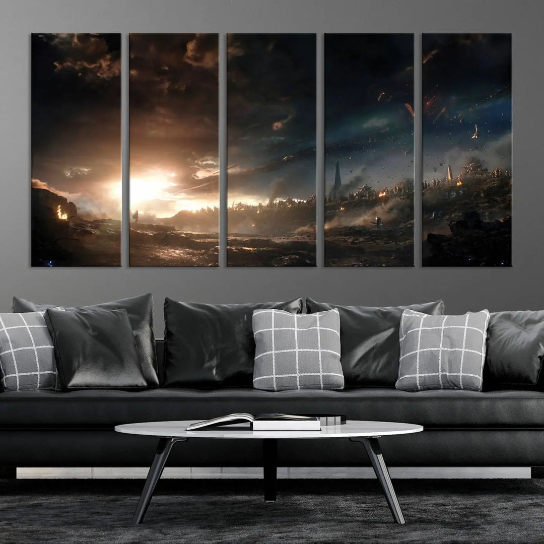 Introducing the Avengers Planet Wall Art Canvas Print, a museum-quality triptych showcasing a dramatic sunset over a landscape with dark clouds and scattered lights. Featuring high-resolution printing, it’s ready to hang and elevate any space.