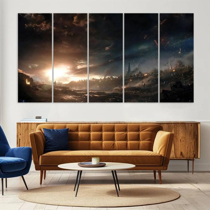 Introducing the Avengers Planet Wall Art Canvas Print, a museum-quality triptych showcasing a dramatic sunset over a landscape with dark clouds and scattered lights. Featuring high-resolution printing, it’s ready to hang and elevate any space.