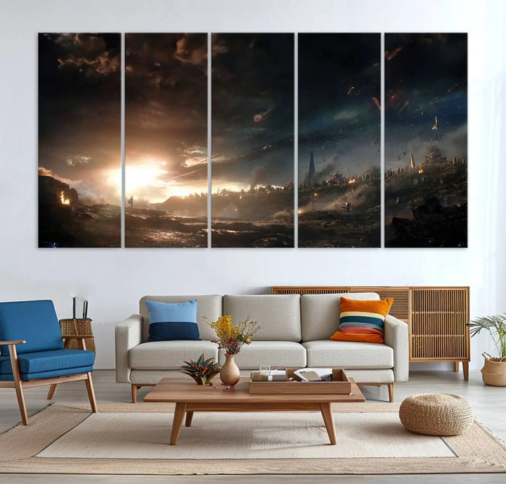 Introducing the Avengers Planet Wall Art Canvas Print, a museum-quality triptych showcasing a dramatic sunset over a landscape with dark clouds and scattered lights. Featuring high-resolution printing, it’s ready to hang and elevate any space.