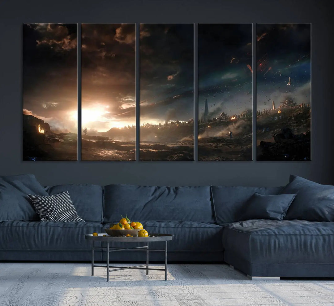 Introducing the Avengers Planet Wall Art Canvas Print, a museum-quality triptych showcasing a dramatic sunset over a landscape with dark clouds and scattered lights. Featuring high-resolution printing, it’s ready to hang and elevate any space.