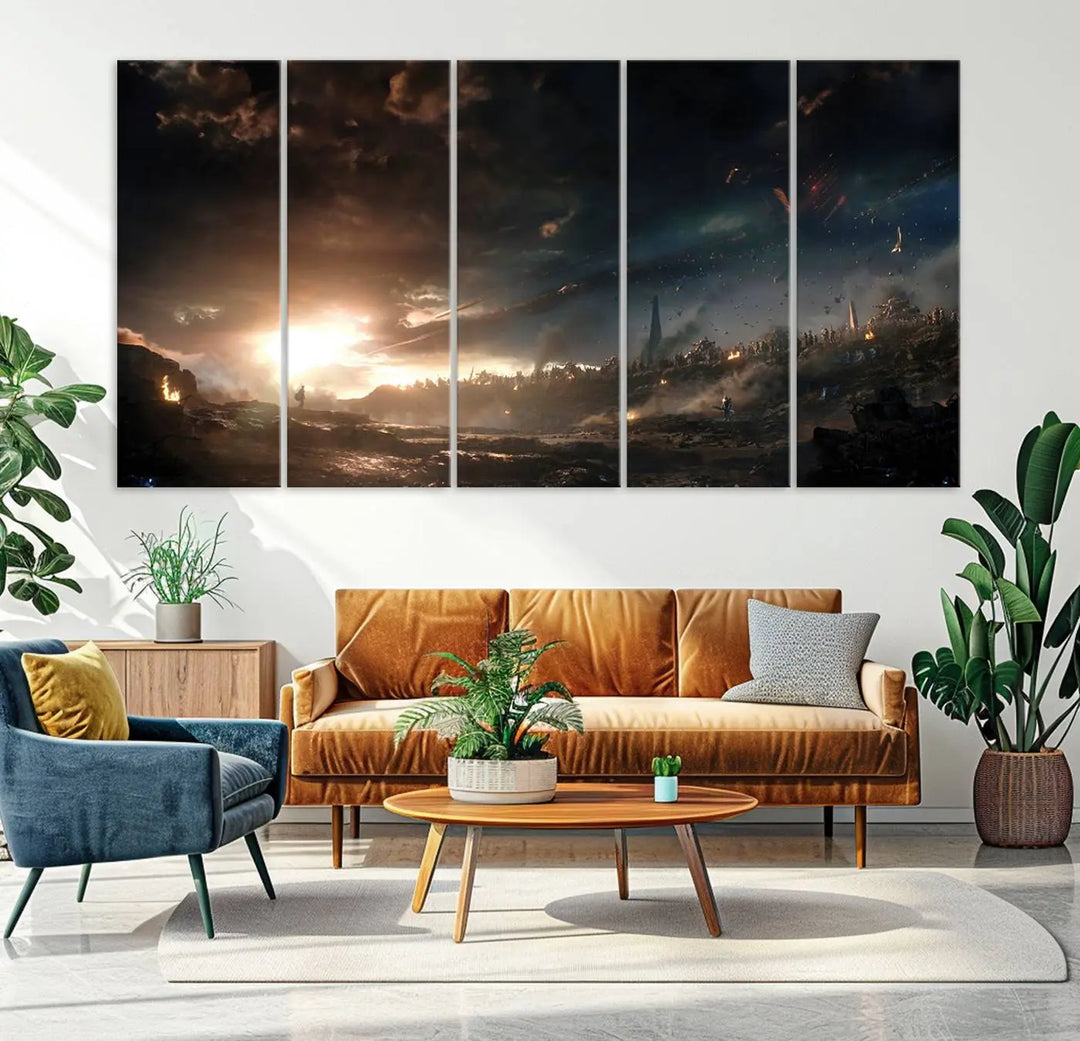 Introducing the Avengers Planet Wall Art Canvas Print, a museum-quality triptych showcasing a dramatic sunset over a landscape with dark clouds and scattered lights. Featuring high-resolution printing, it’s ready to hang and elevate any space.