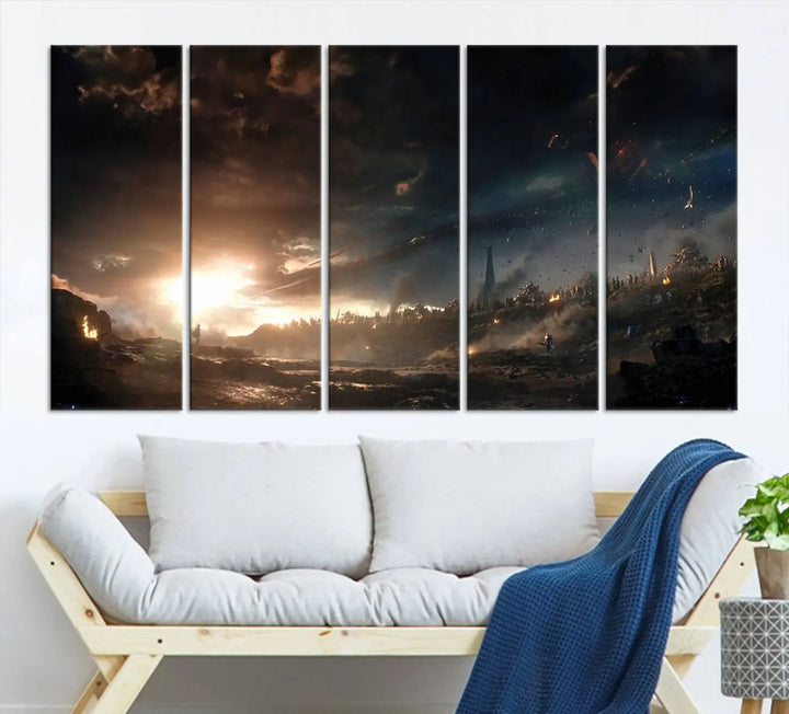 Introducing the Avengers Planet Wall Art Canvas Print, a museum-quality triptych showcasing a dramatic sunset over a landscape with dark clouds and scattered lights. Featuring high-resolution printing, it’s ready to hang and elevate any space.