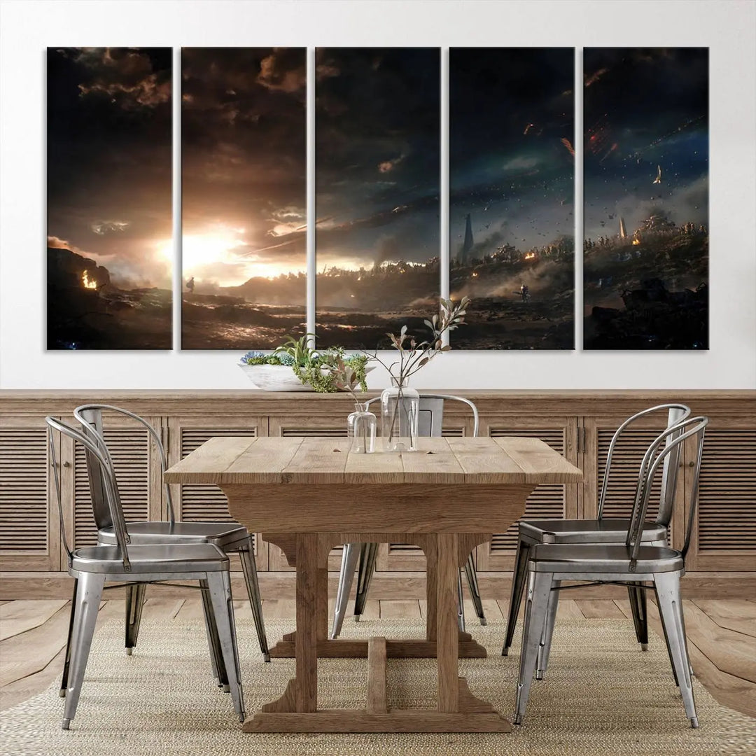 Introducing the Avengers Planet Wall Art Canvas Print, a museum-quality triptych showcasing a dramatic sunset over a landscape with dark clouds and scattered lights. Featuring high-resolution printing, it’s ready to hang and elevate any space.