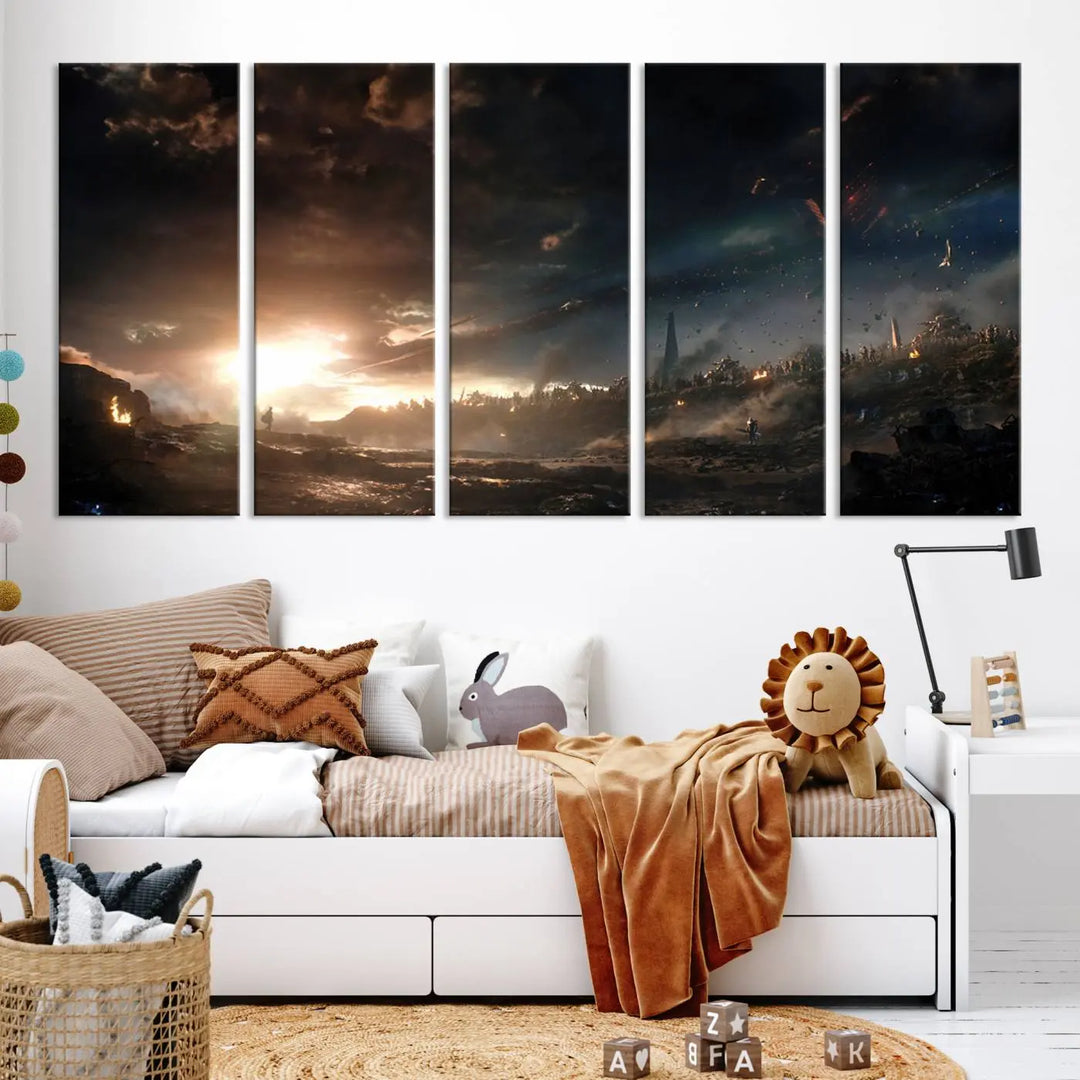 Introducing the Avengers Planet Wall Art Canvas Print, a museum-quality triptych showcasing a dramatic sunset over a landscape with dark clouds and scattered lights. Featuring high-resolution printing, it’s ready to hang and elevate any space.