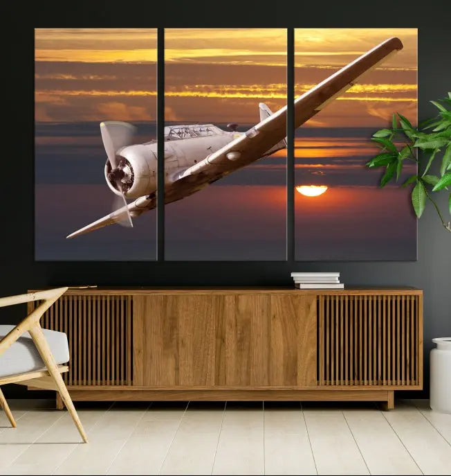 The Avi Wall Art Airplane on Sunset Canvas Print showcases a vintage airplane soaring at sunset across three panels. Crafted on museum-quality canvases with UV-protective coating, it is designed to preserve its timeless beauty.