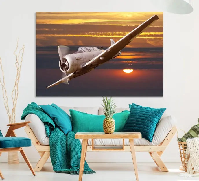 The Avi Wall Art Airplane on Sunset Canvas Print showcases a vintage airplane soaring at sunset across three panels. Crafted on museum-quality canvases with UV-protective coating, it is designed to preserve its timeless beauty.