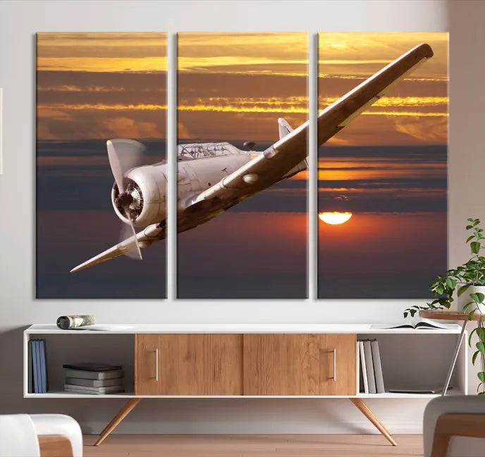 The Avi Wall Art Airplane on Sunset Canvas Print showcases a vintage airplane soaring at sunset across three panels. Crafted on museum-quality canvases with UV-protective coating, it is designed to preserve its timeless beauty.