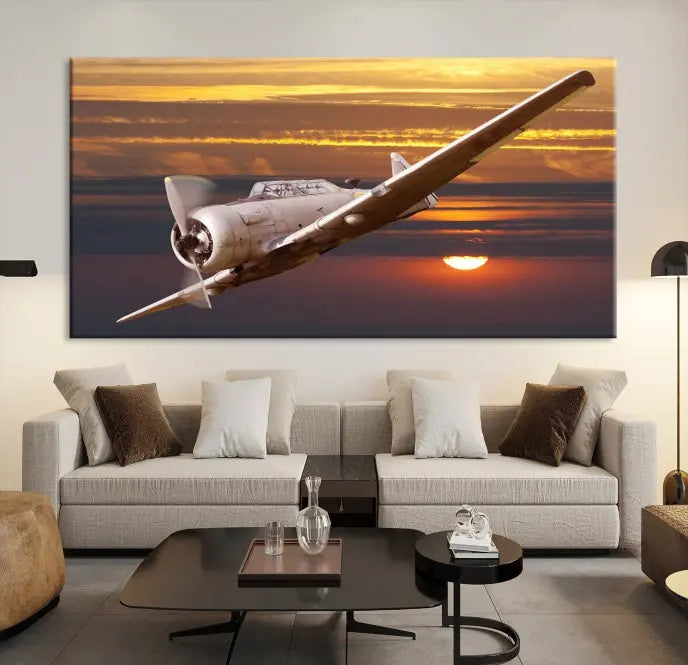 The Avi Wall Art Airplane on Sunset Canvas Print showcases a vintage airplane soaring at sunset across three panels. Crafted on museum-quality canvases with UV-protective coating, it is designed to preserve its timeless beauty.